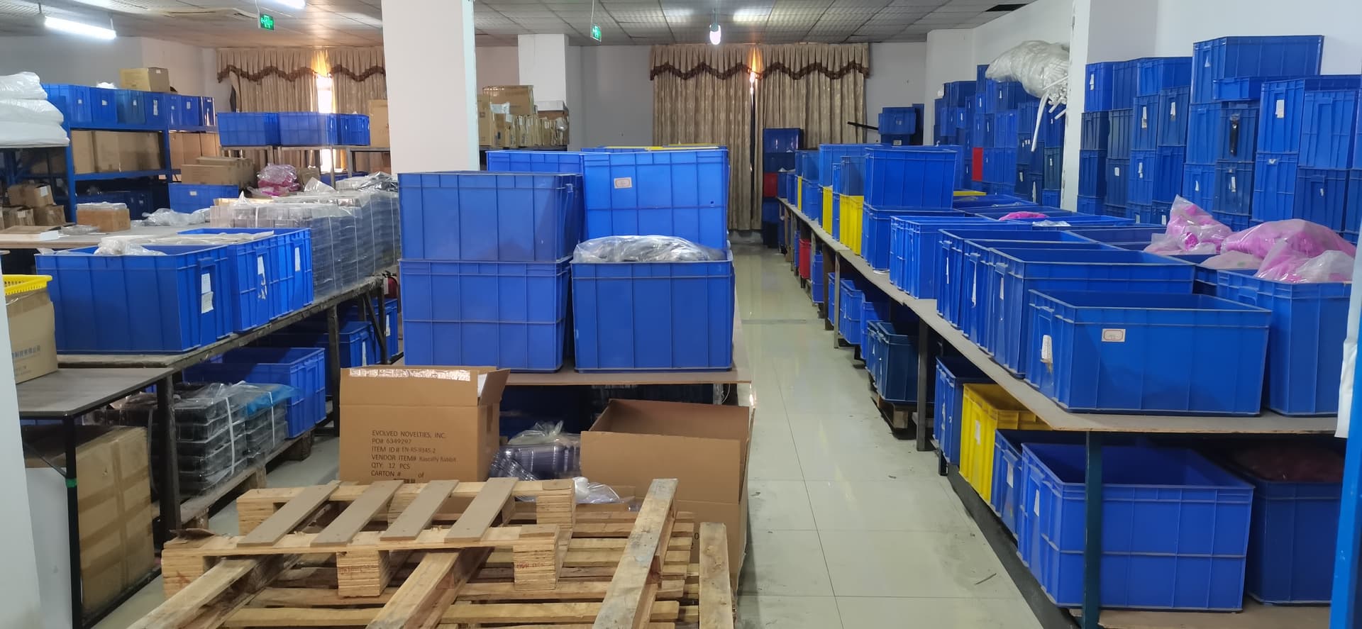 Evokomoribi component warehouse — organized bin shelving system for parts and raw materials